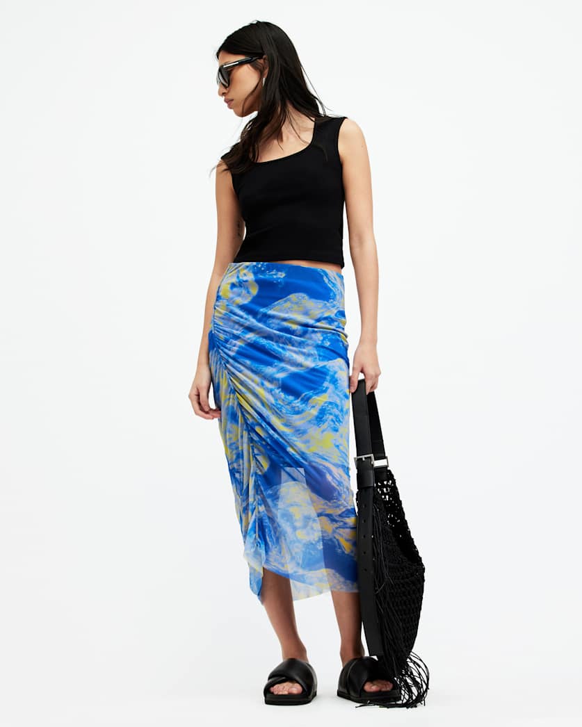 all saints Nora Inspiral Mesh Midi Skirt Electric Blue