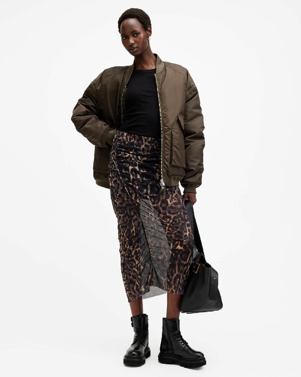 All Saints Nora Leopard Print Mesh Midi Skirt Jinx Golden Brown