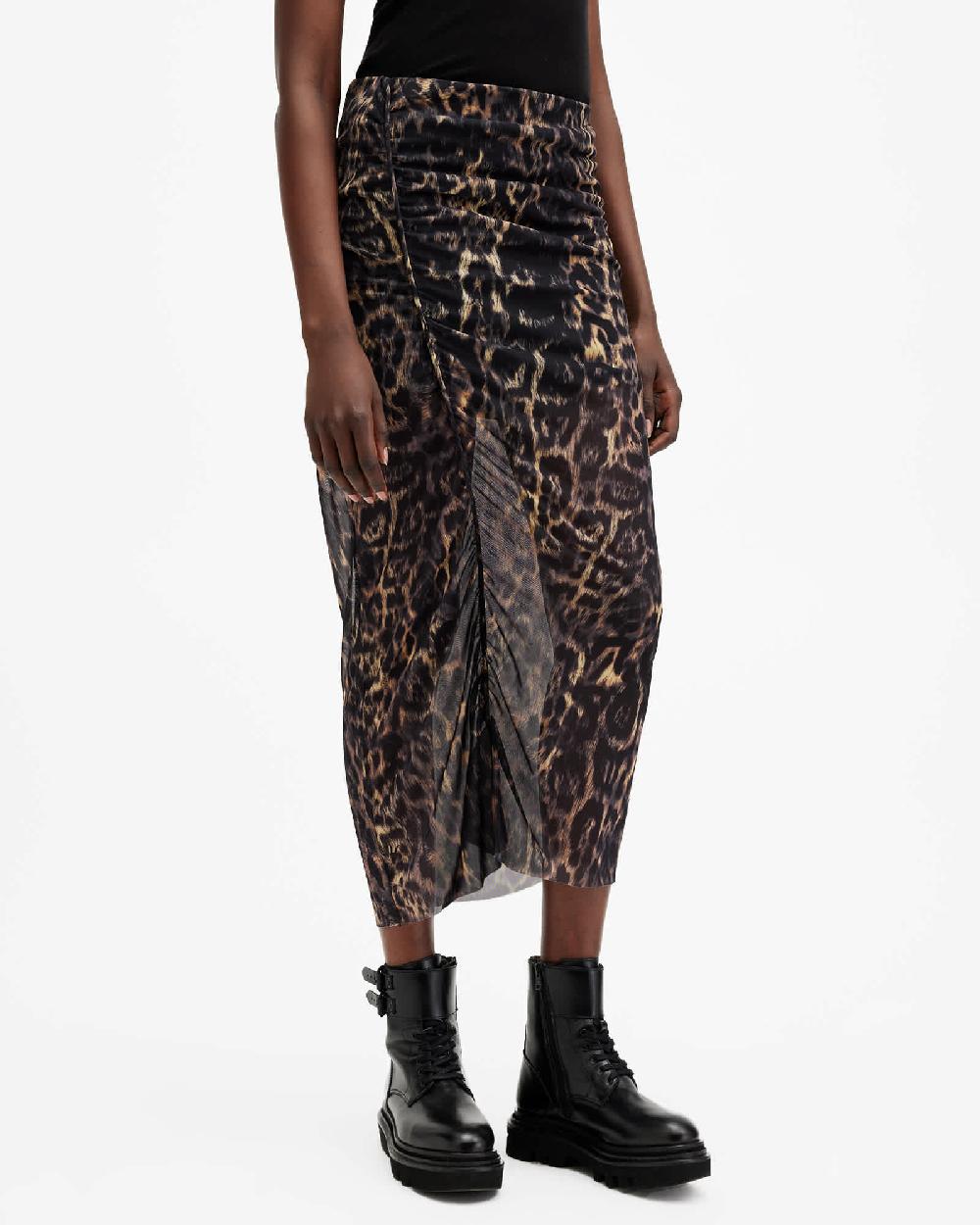 All Saints Nora Leopard Print Mesh Midi Skirt Jinx Golden Brown