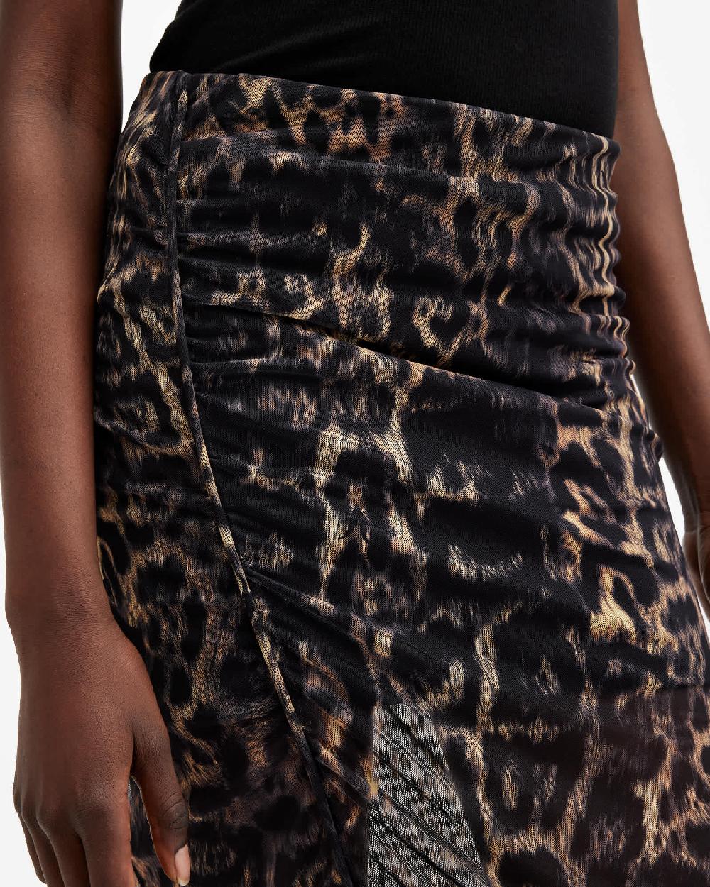 All Saints Nora Leopard Print Mesh Midi Skirt Jinx Golden Brown