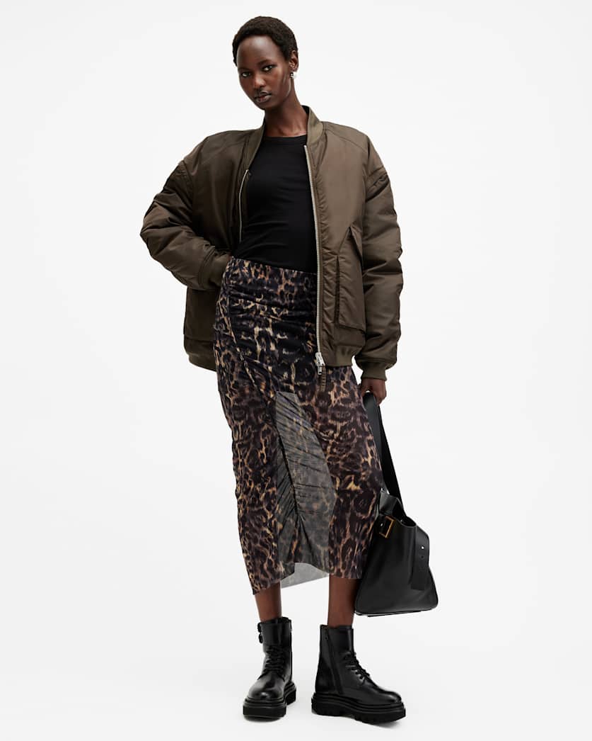 all saints Nora Leopard Print Mesh Midi Skirt Jinx Golden Brown