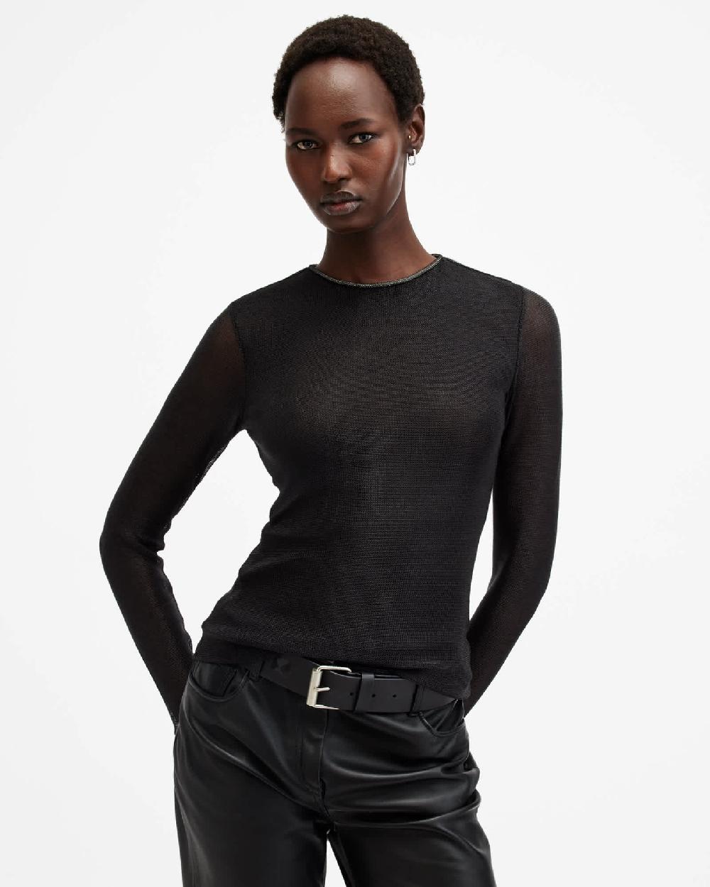 All Saints Nora Sparkle Long Sleeve Top BLACK SHIMMER