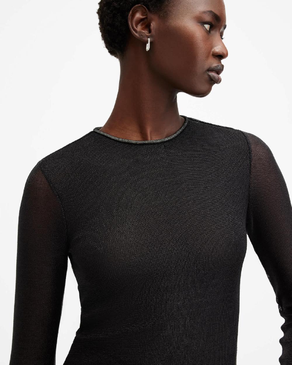 All Saints Nora Sparkle Long Sleeve Top BLACK SHIMMER