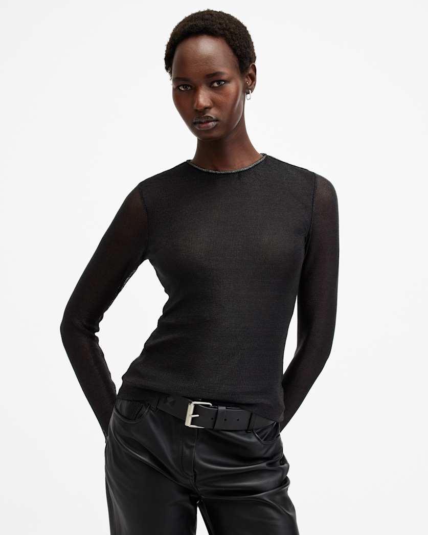 all saints Nora Sparkle Long Sleeve Top BLACK SHIMMER