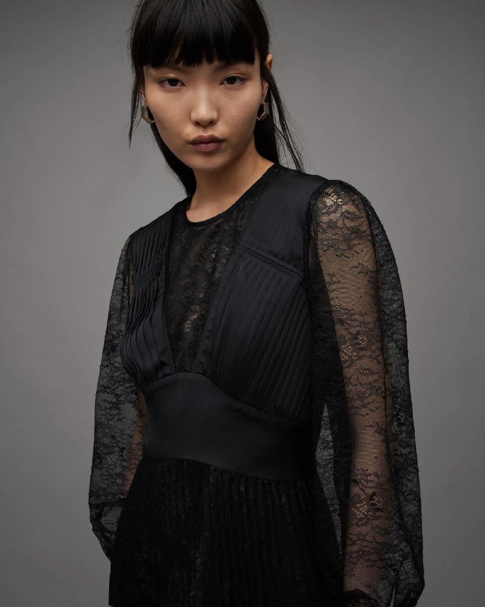 All Saints Norah Lace Pleated Asymmetric Maxi Dress Black