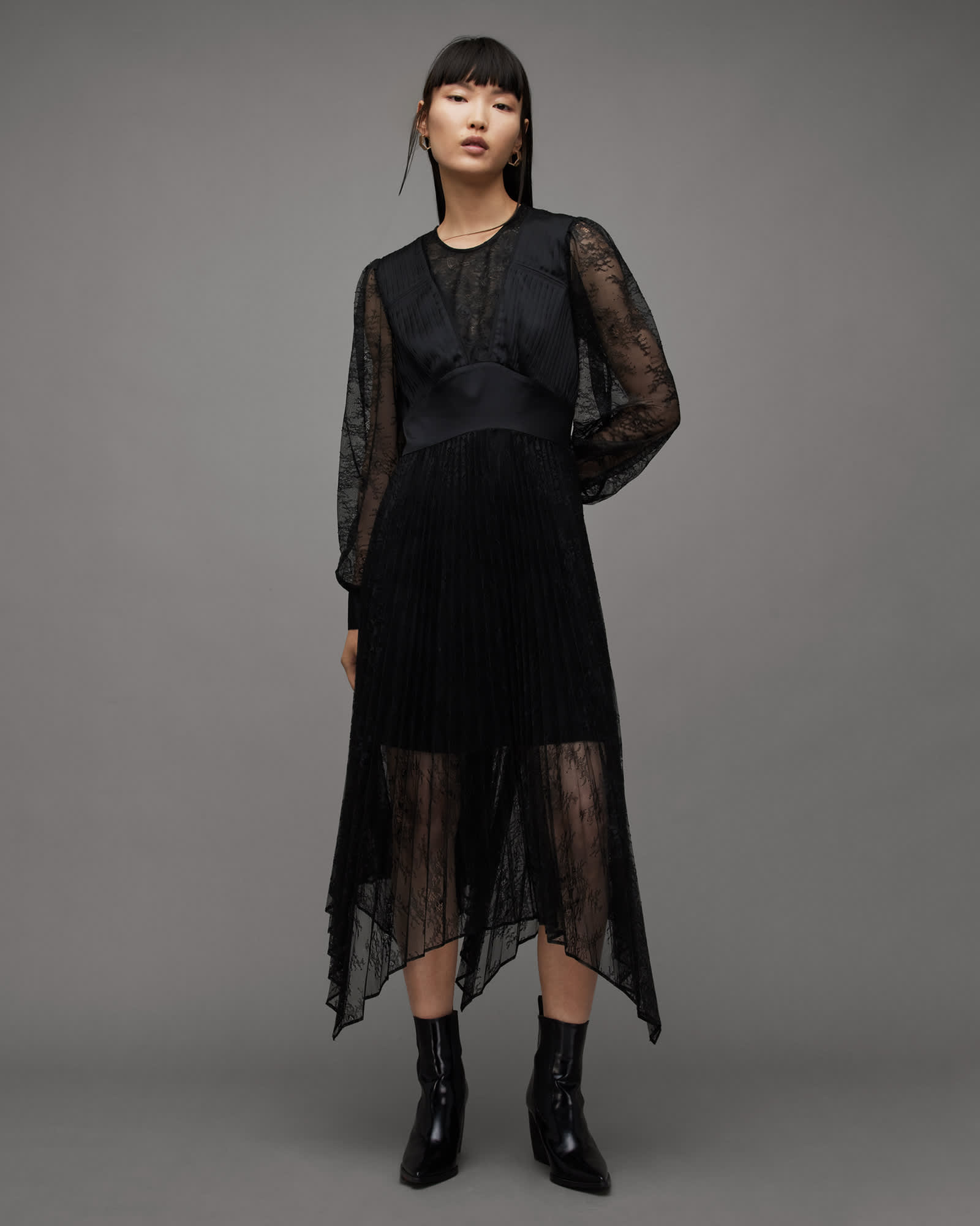 All Saints Norah Lace Pleated Asymmetric Maxi Dress Black