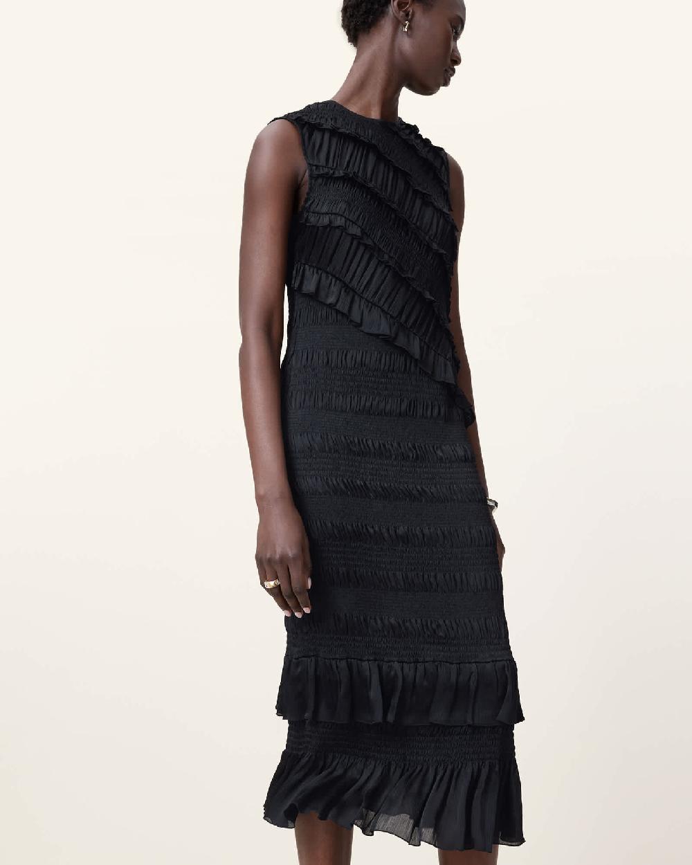 All Saints Nyla Sleeveless Shirred Midi Dress Black