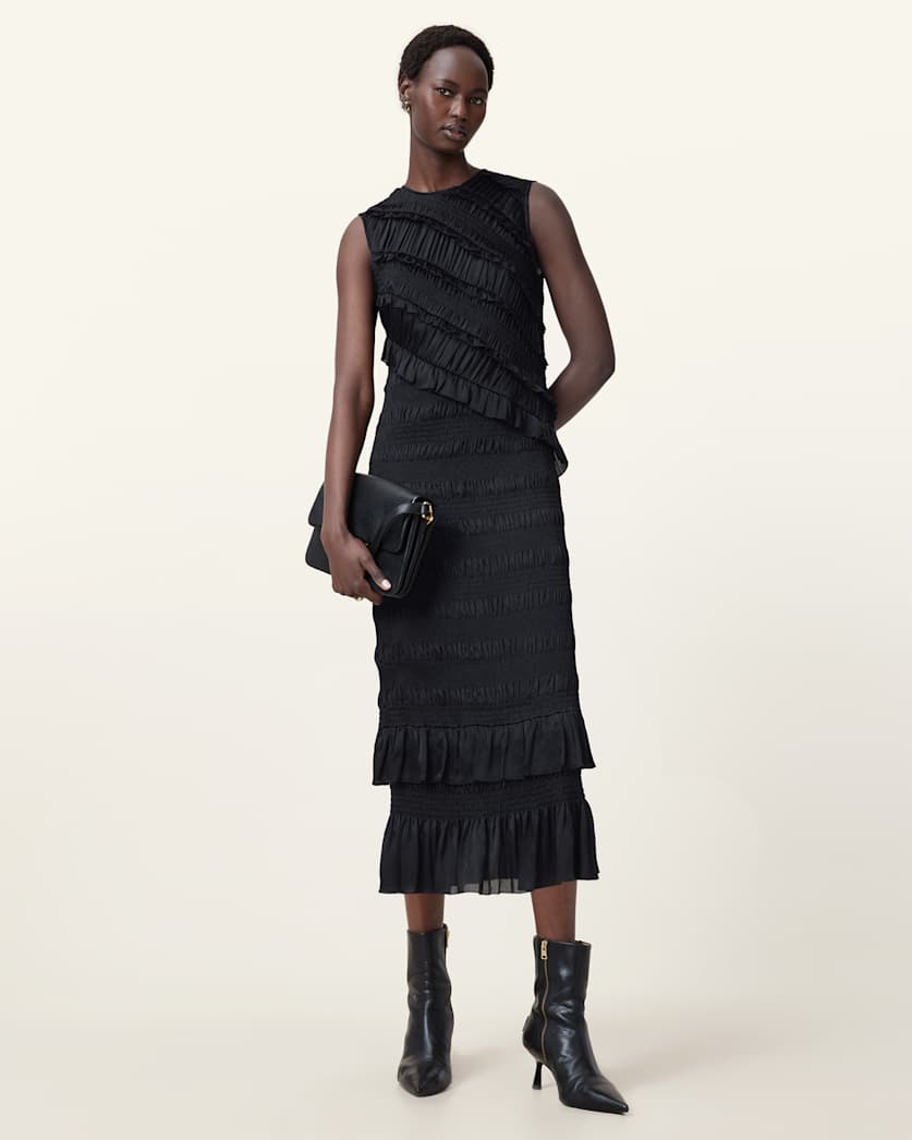 all saints Nyla Sleeveless Shirred Midi Dress Black