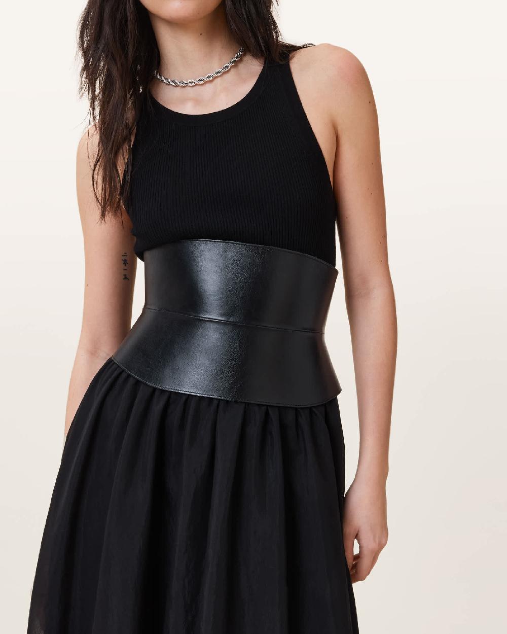 All Saints Oakleigh Leather Corset Belt BLACK/ANTQ NICKEL