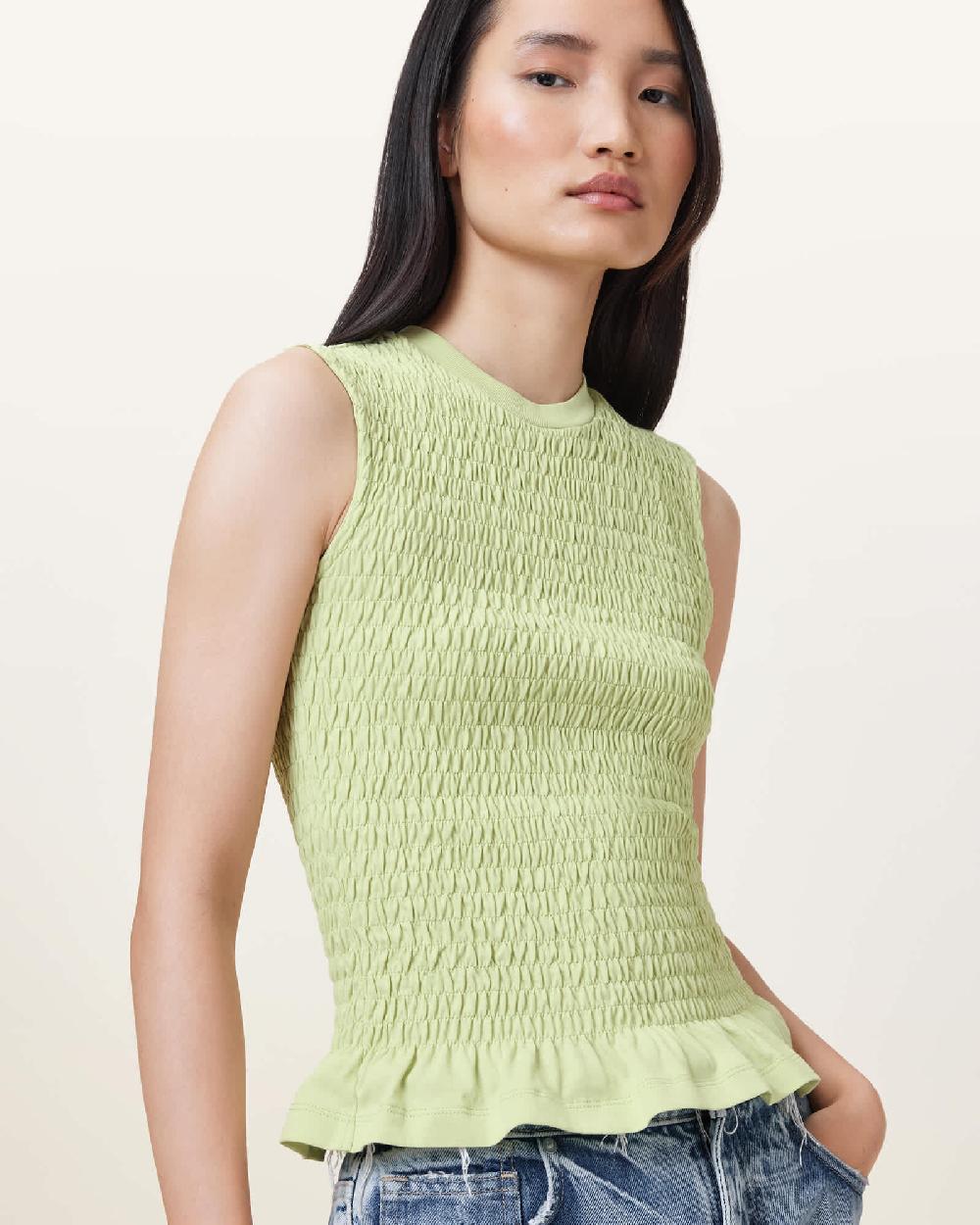 All Saints Ode Smocked Sleeveless Tank Top JADE GREEN