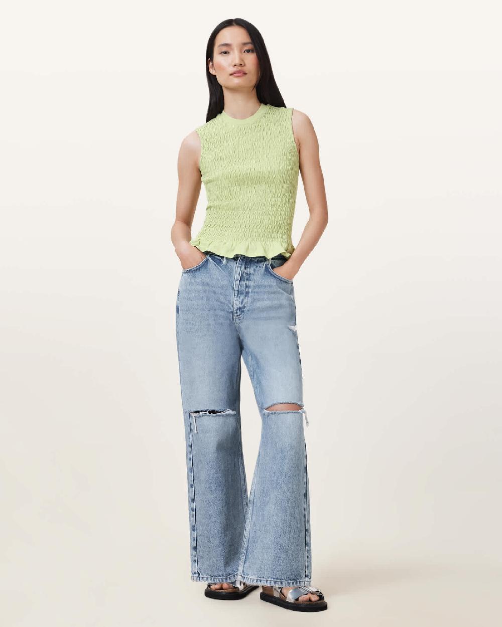 All Saints Ode Smocked Sleeveless Tank Top JADE GREEN