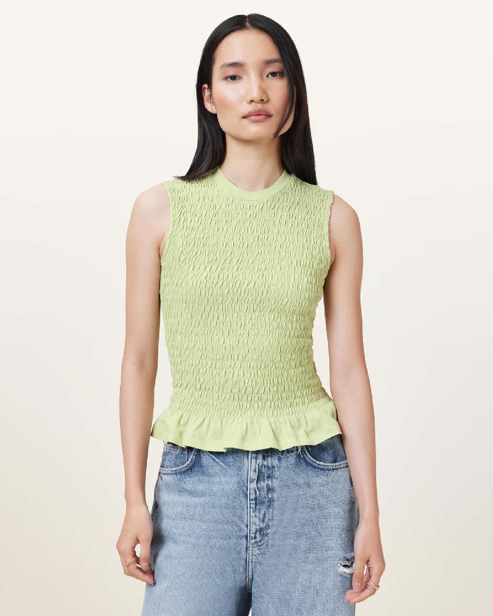 All Saints Ode Smocked Sleeveless Tank Top JADE GREEN