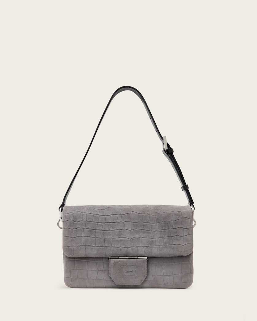 all saints Ondine Croc-Effect Nubuck Shoulder Bag Slate Blue
