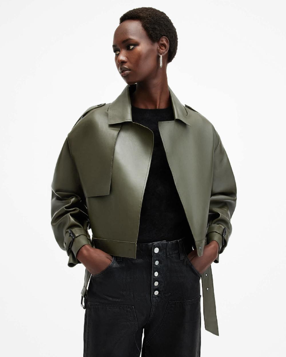 All Saints Ophelia Cropped Bonded Leather Jacket Khaki Green