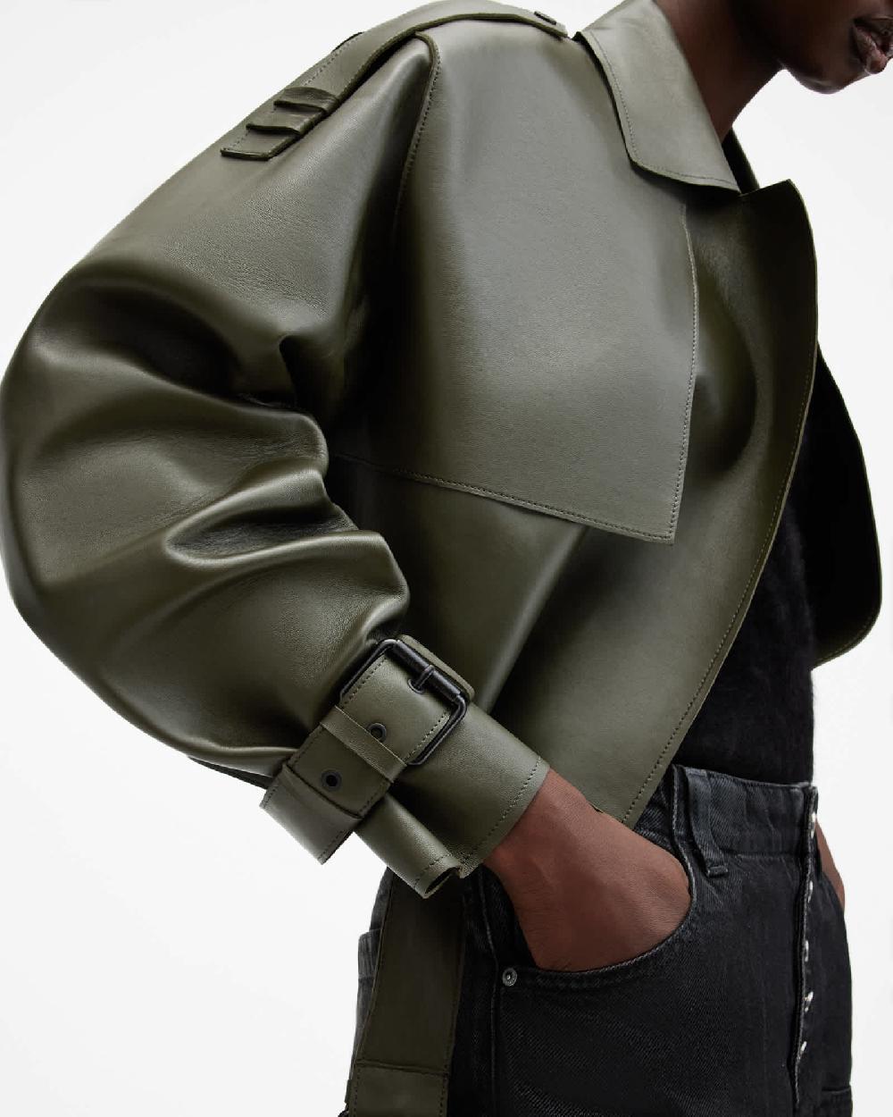 All Saints Ophelia Cropped Bonded Leather Jacket Khaki Green
