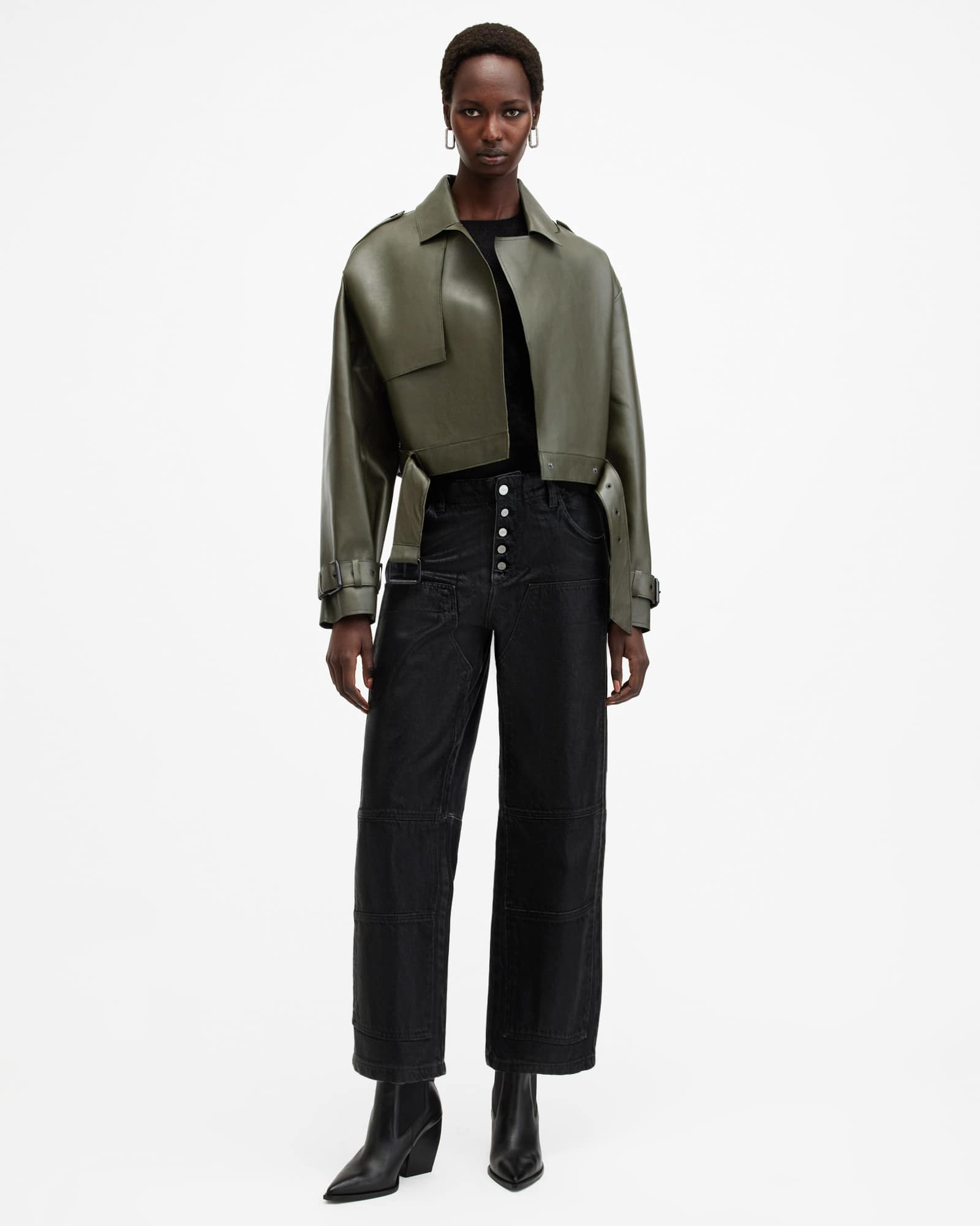 All Saints Ophelia Cropped Bonded Leather Jacket Khaki Green