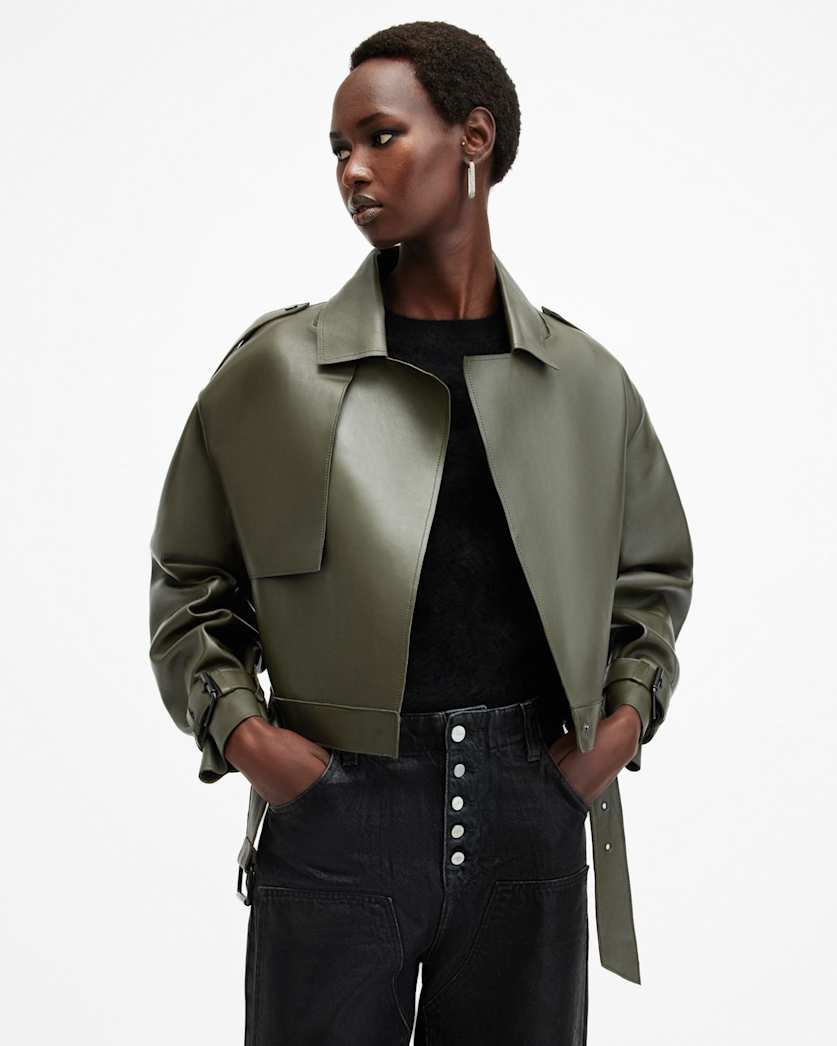 all saints Ophelia Cropped Bonded Leather Jacket Khaki Green