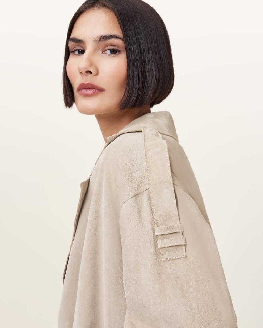 All Saints Ophelia Cropped Suede Jacket Silver Birch Grey