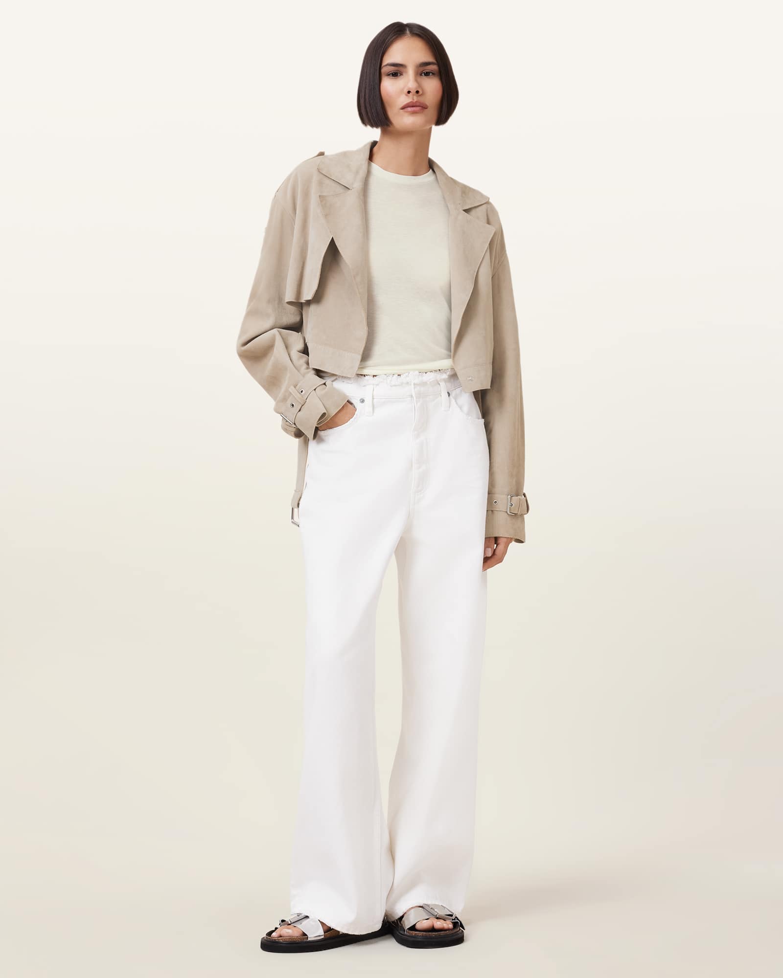 All Saints Ophelia Cropped Suede Jacket Silver Birch Grey