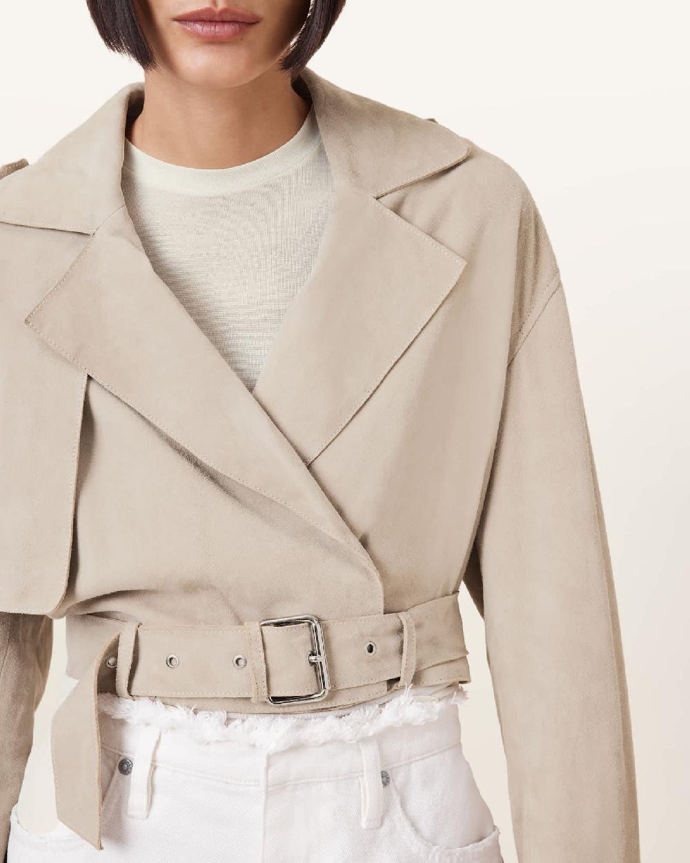 All Saints Ophelia Cropped Suede Jacket Silver Birch Grey