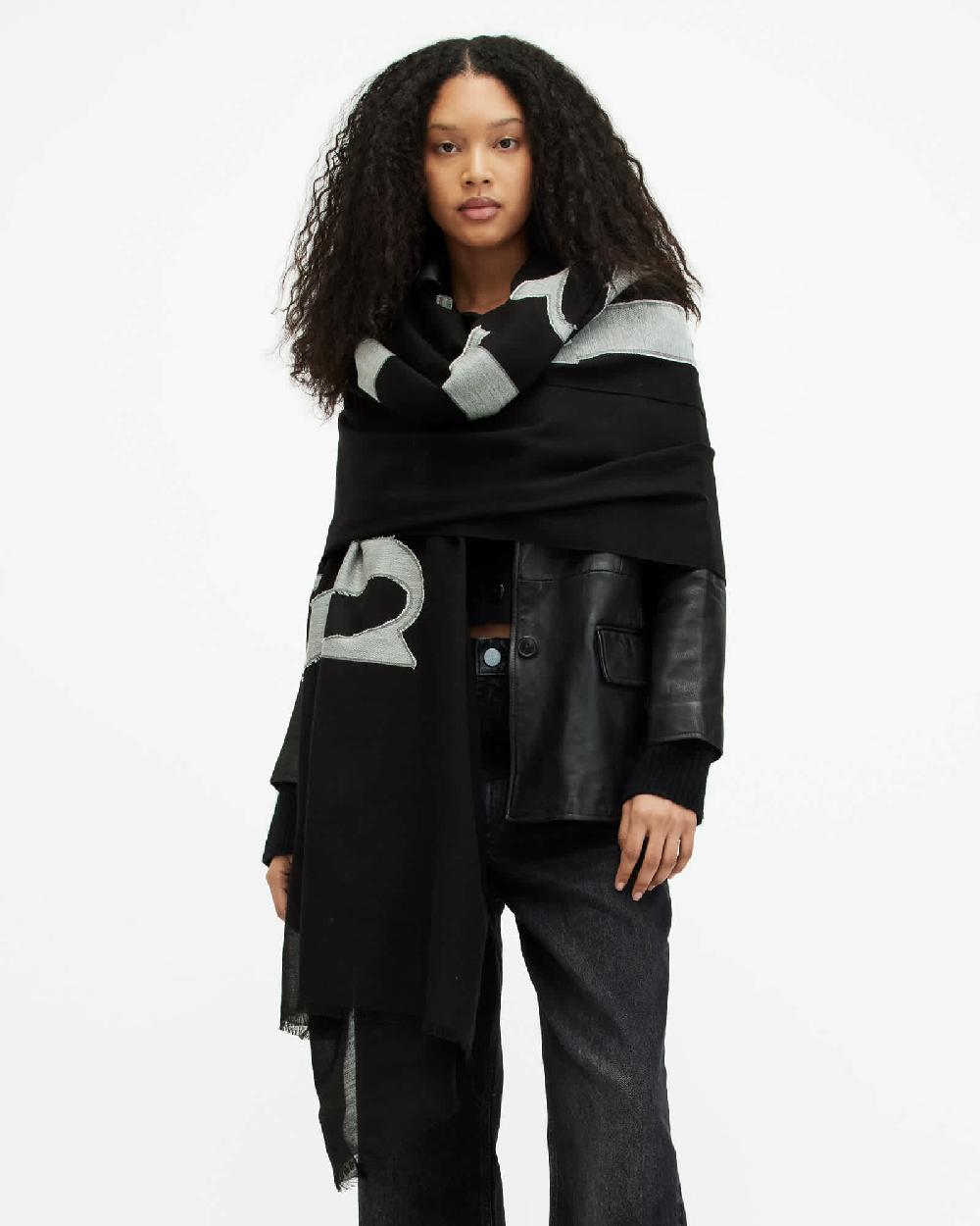 All Saints Oppose Large Oblong Logo Scarf Black/White