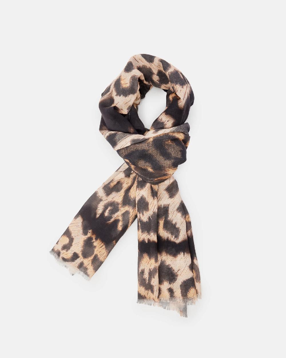 All Saints Oppose Leopard Print Oblong Logo Scarf CAMEL/BLACK