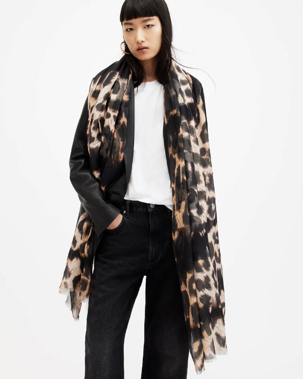 All Saints Oppose Leopard Print Oblong Logo Scarf CAMEL/BLACK