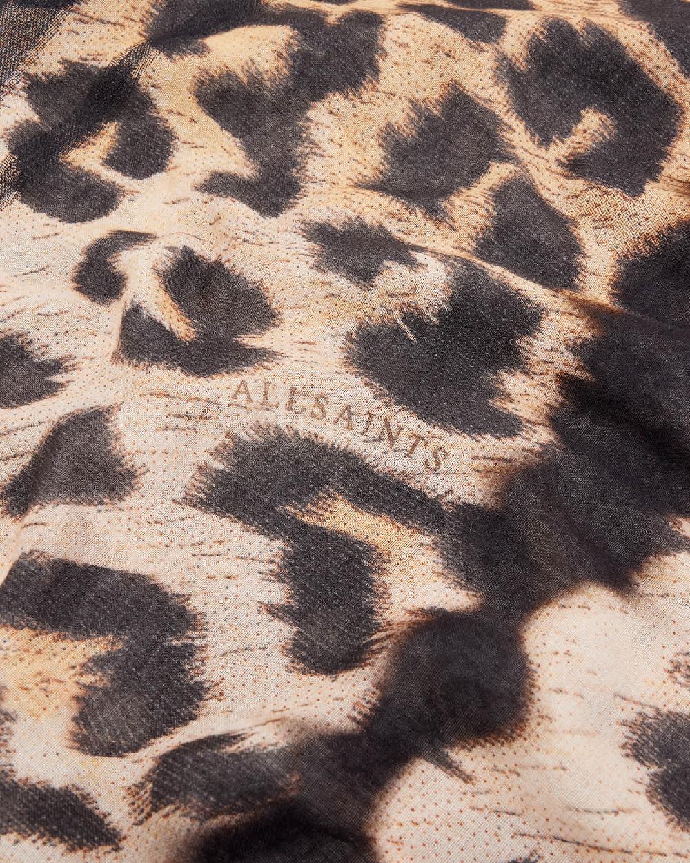 All Saints Oppose Leopard Print Oblong Logo Scarf CAMEL/BLACK