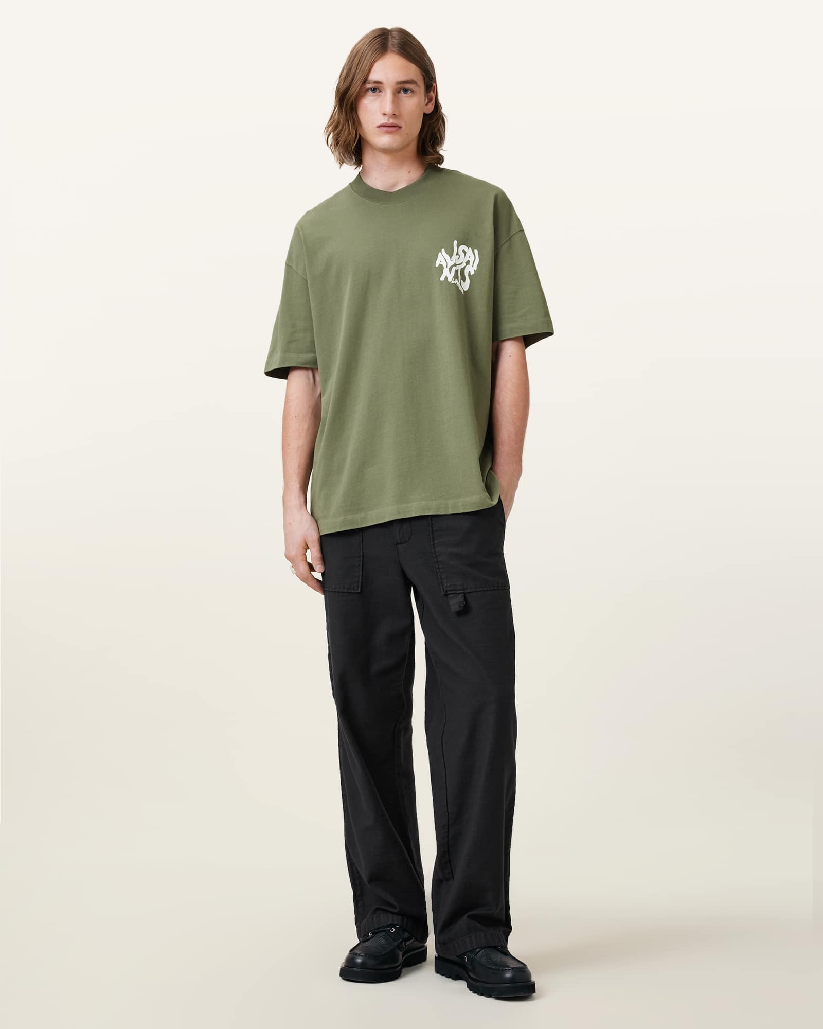All Saints Orlando Logo Print Oversized T-Shirt Eden Green