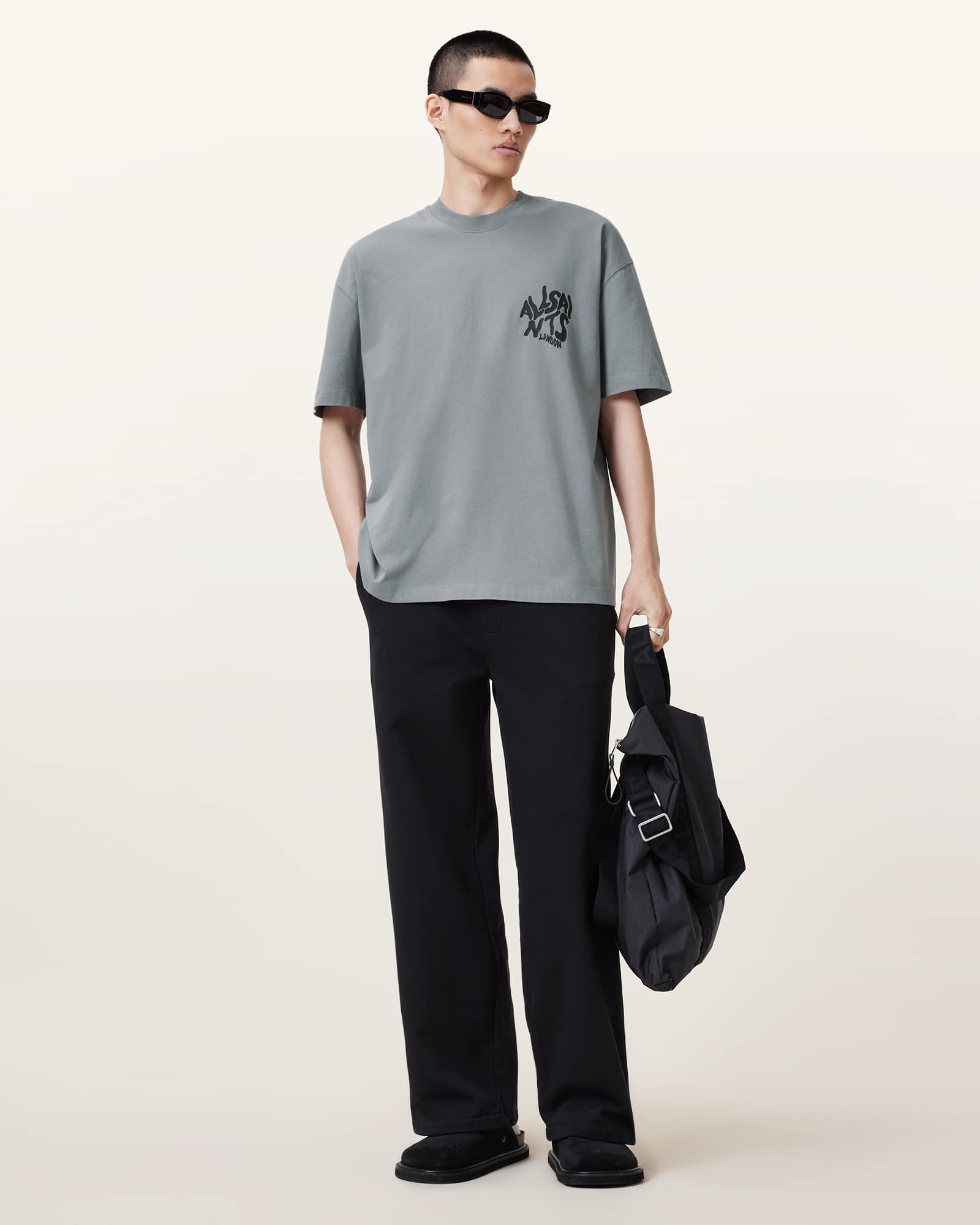 All Saints Orlando Logo Print Oversized T-Shirt Metallic Grey