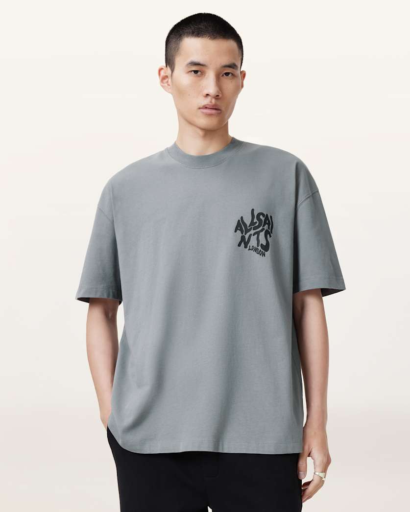 all saints Orlando Logo Print Oversized T-Shirt Metallic Grey