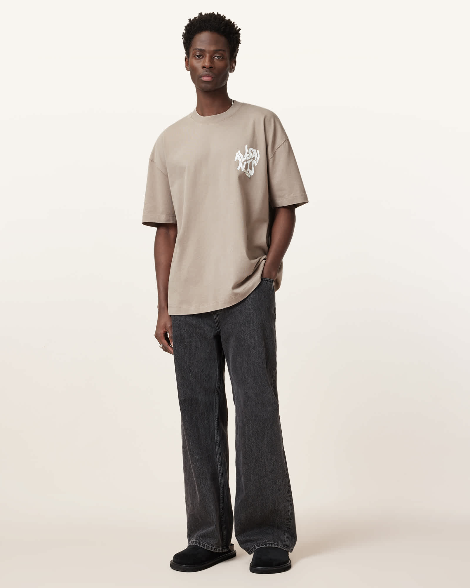 All Saints Orlando Logo Print Oversized T-Shirt Stone Taupe