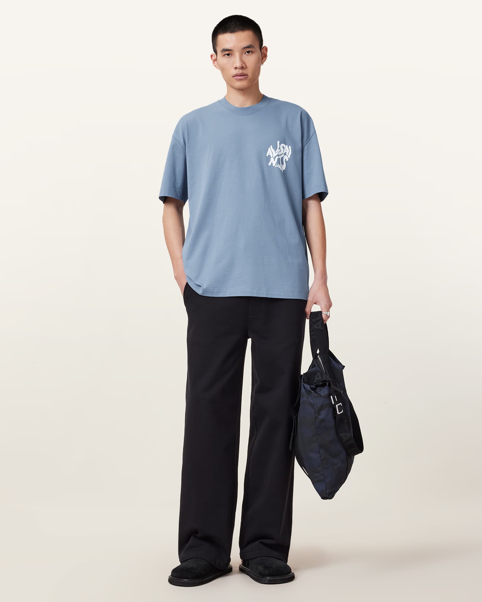 All Saints Orlando Logo Print Oversized T-Shirt Stonewash Blue