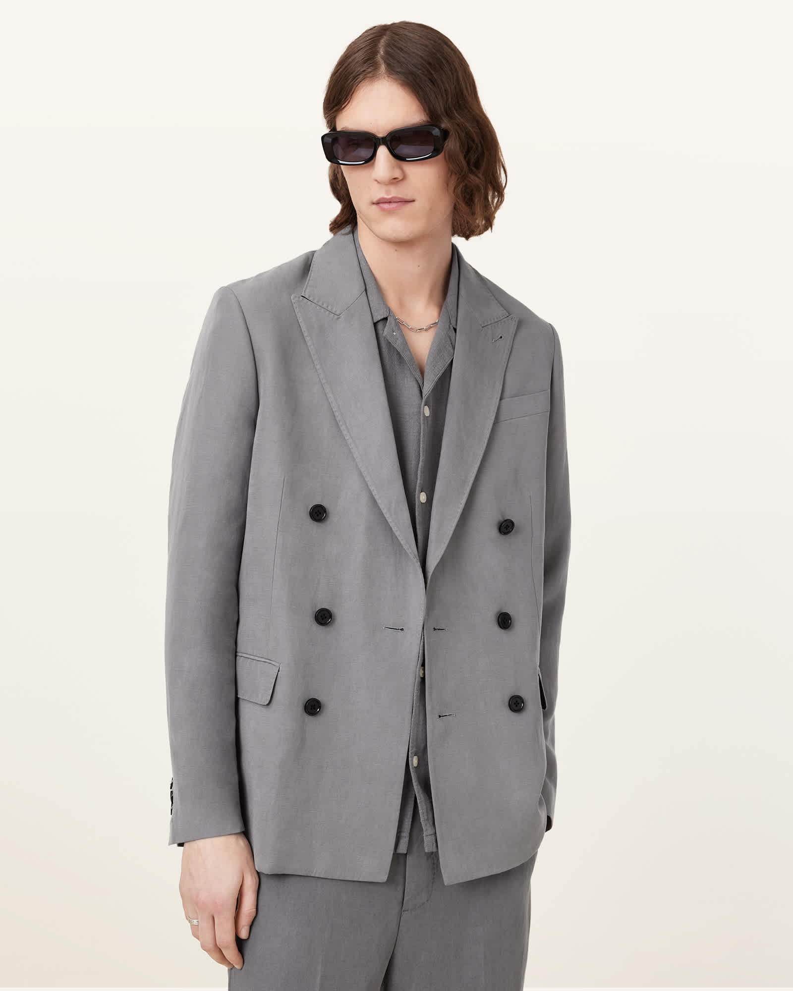 All Saints Orpheus Double Breasted Relaxed Blazer Machine Grey