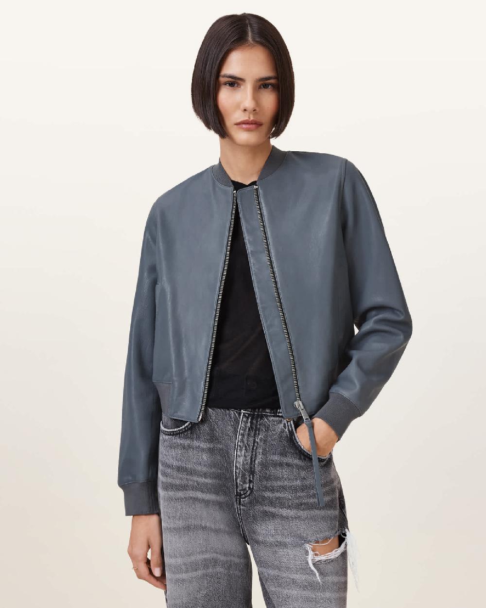 All Saints Orten Leather Bomber Jacket Turbulence Grey