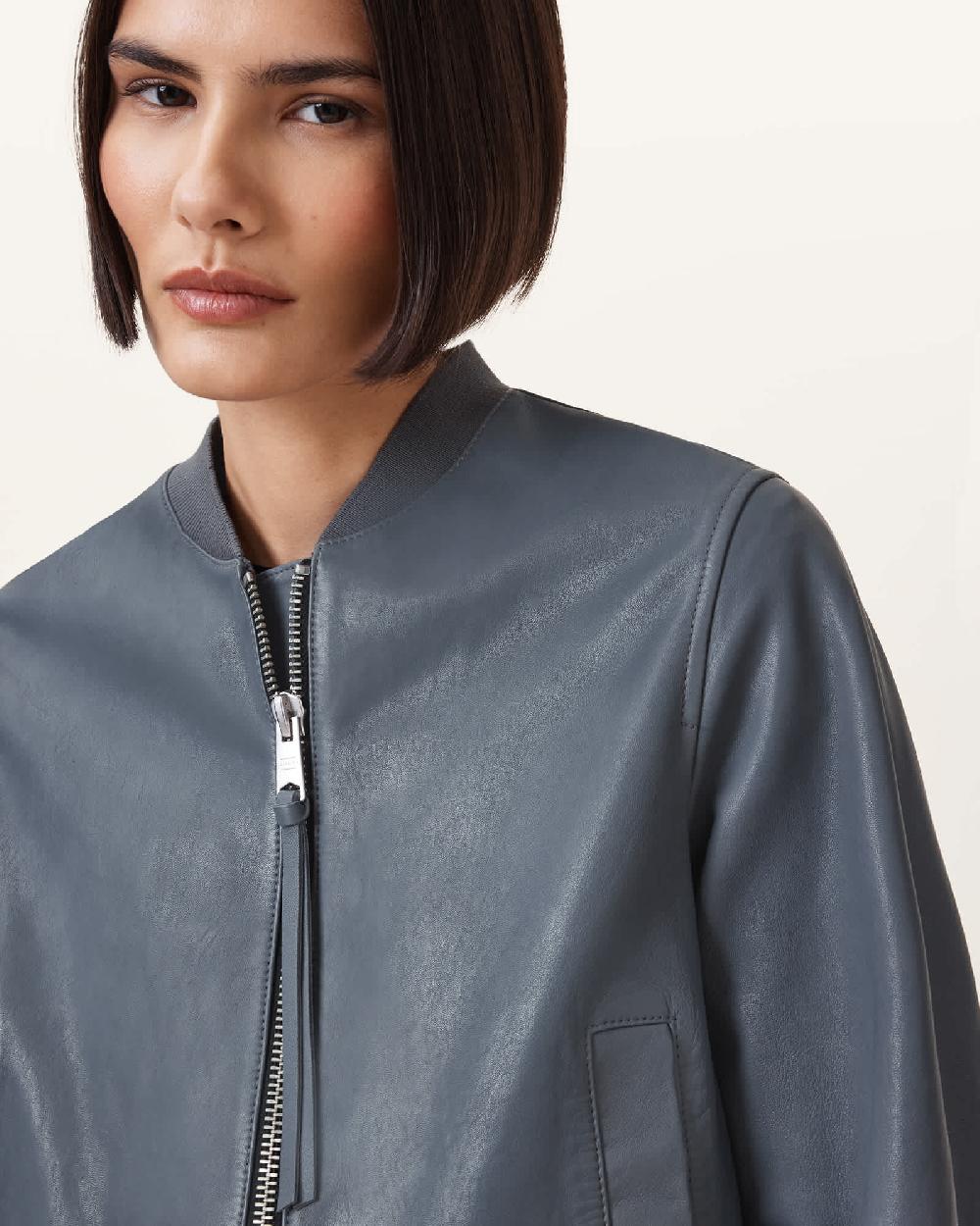 All Saints Orten Leather Bomber Jacket Turbulence Grey