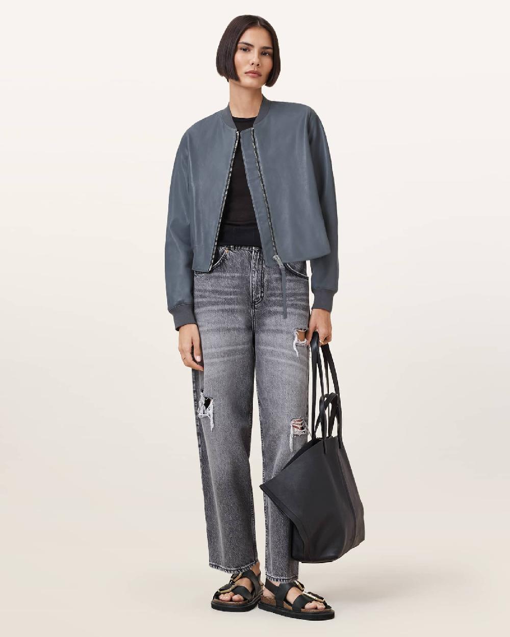 All Saints Orten Leather Bomber Jacket Turbulence Grey