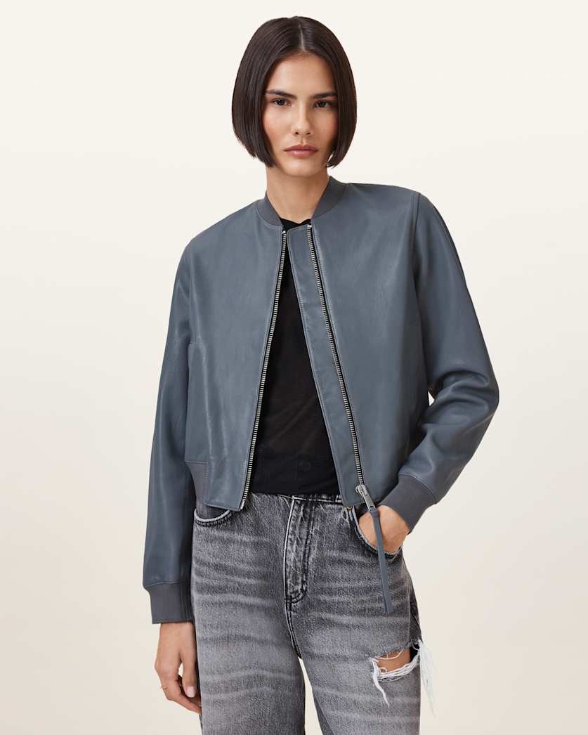all saints Orten Leather Bomber Jacket Turbulence Grey