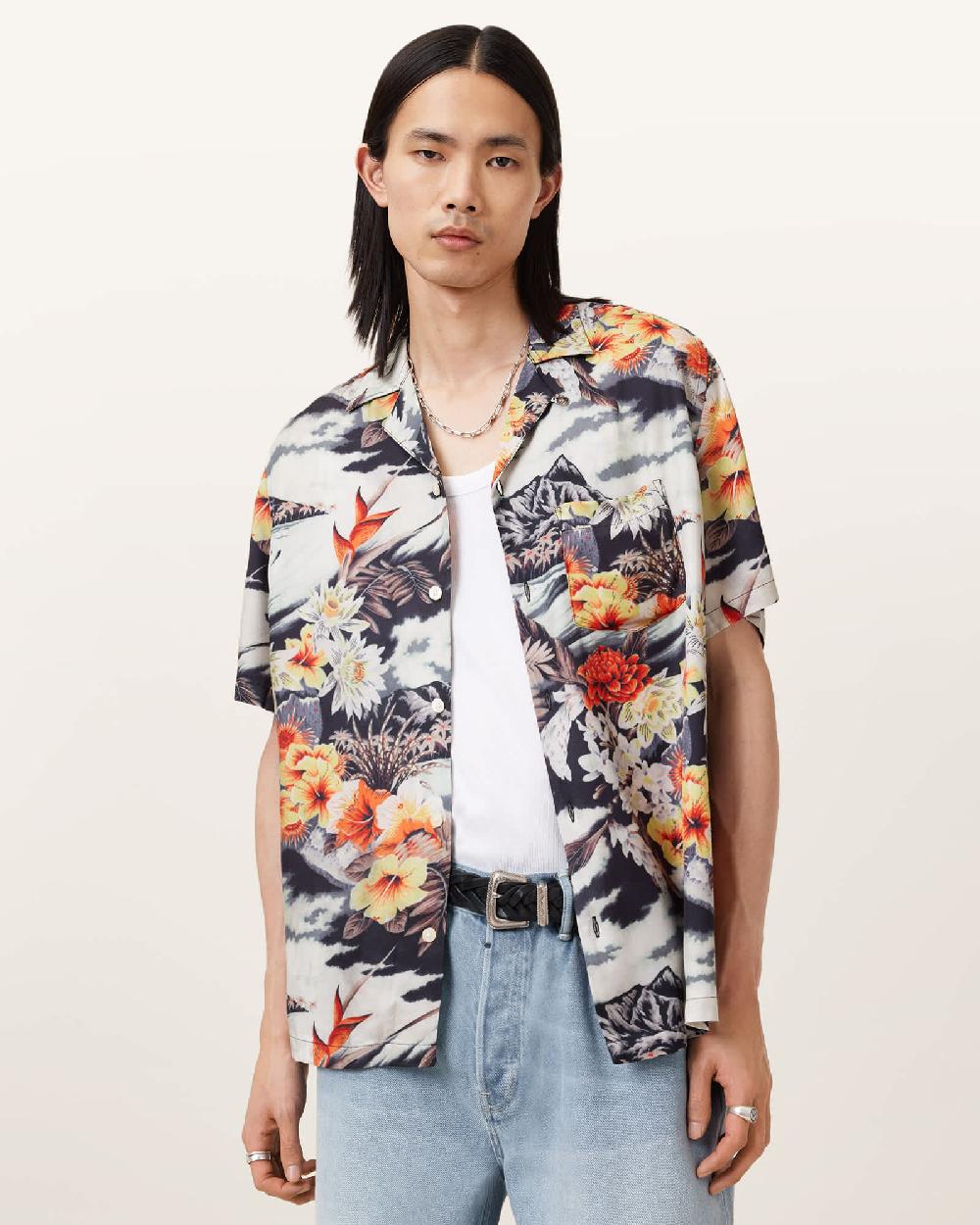 All Saints Oscani Short Sleeve Printed Shirt Jet Black