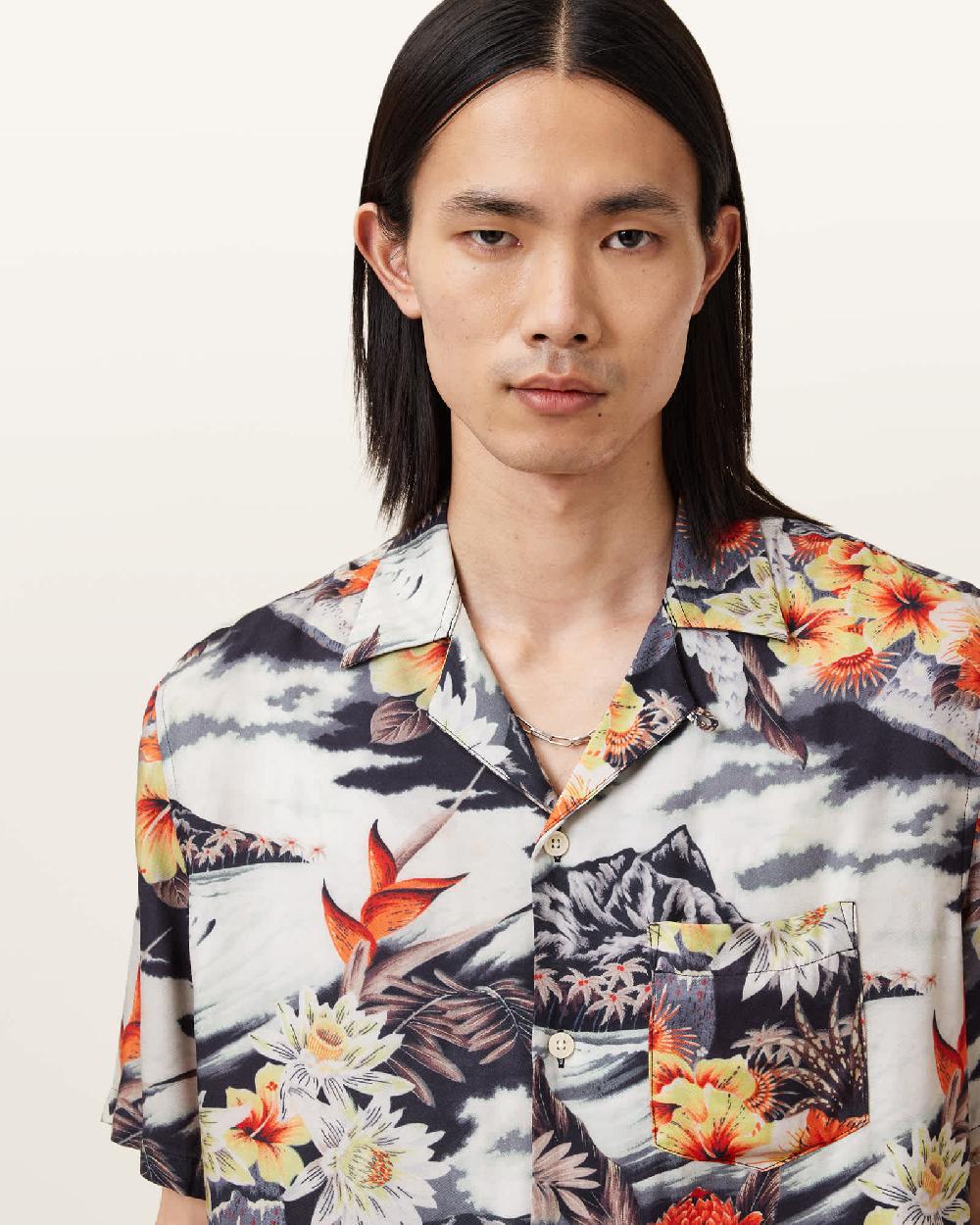 All Saints Oscani Short Sleeve Printed Shirt Jet Black