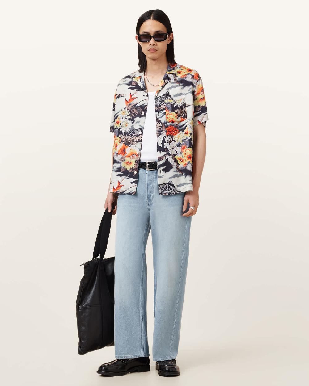 All Saints Oscani Short Sleeve Printed Shirt Jet Black