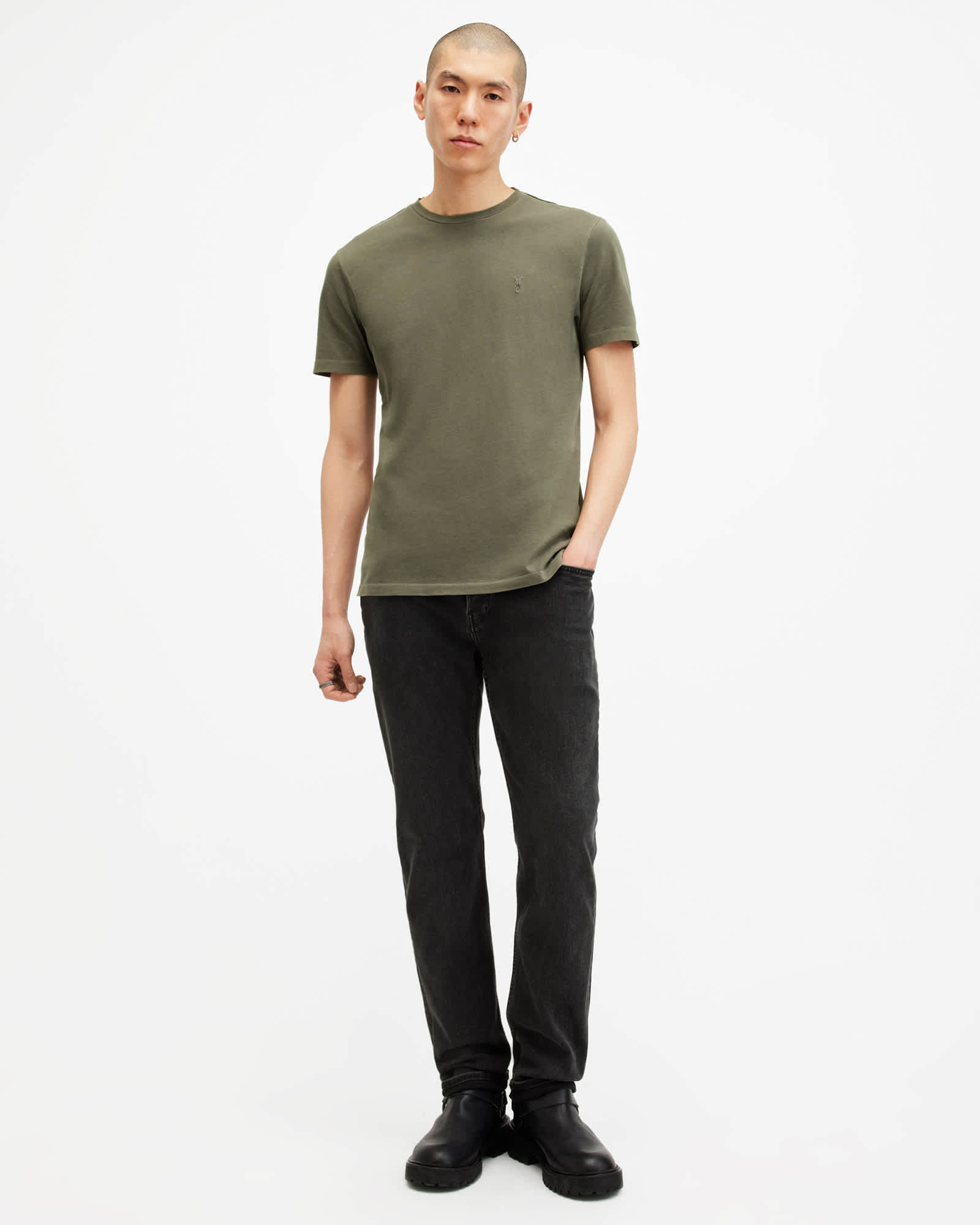 All Saints Ossage Crew Neck Slim Ramskull T-Shirt Marley Green