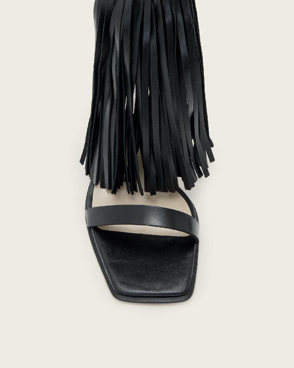 All Saints Paola Fringed Leather Heeled Sandals Black