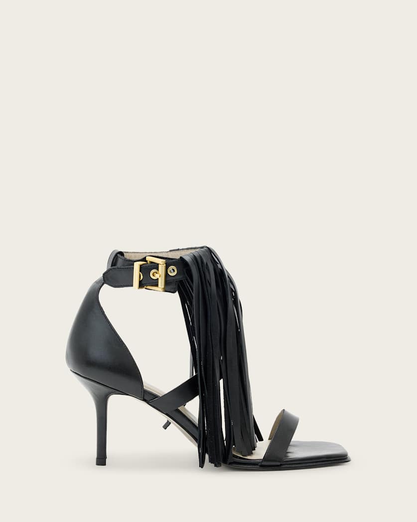 all saints Paola Fringed Leather Heeled Sandals Black