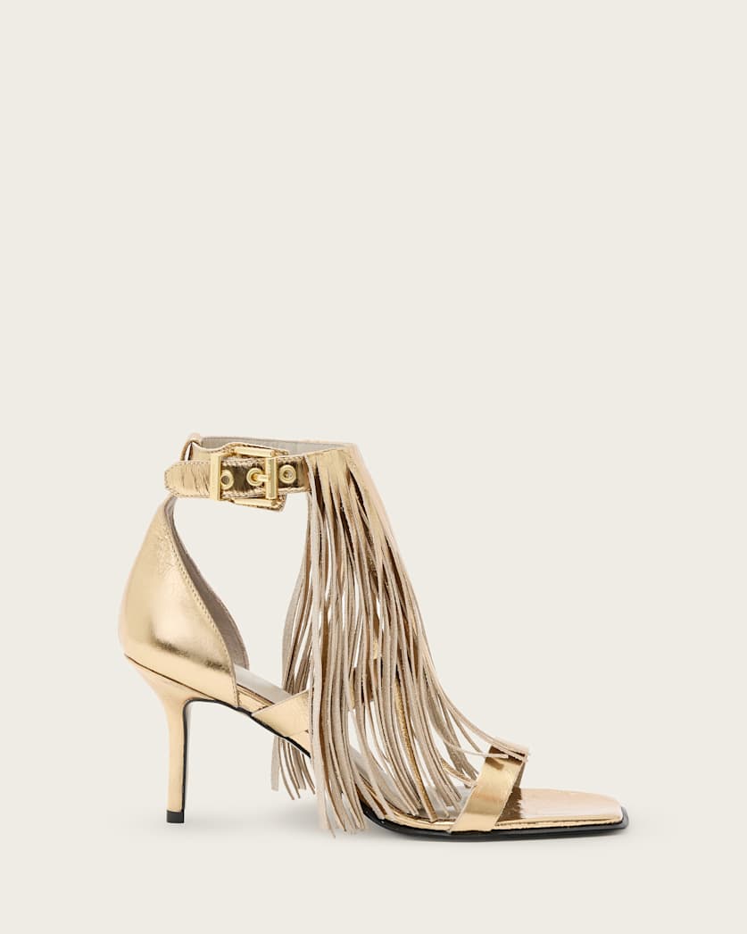 all saints Paola Fringed Metallic Leather Heeled Sandals Gold