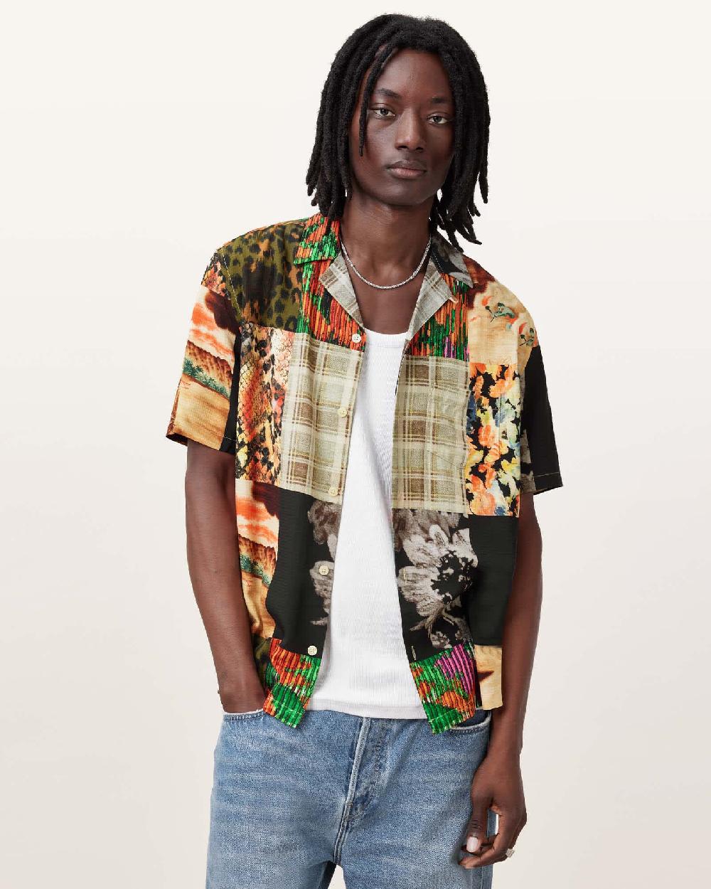 All Saints Patche Printed Relaxed Fit Shirt Cadet Black