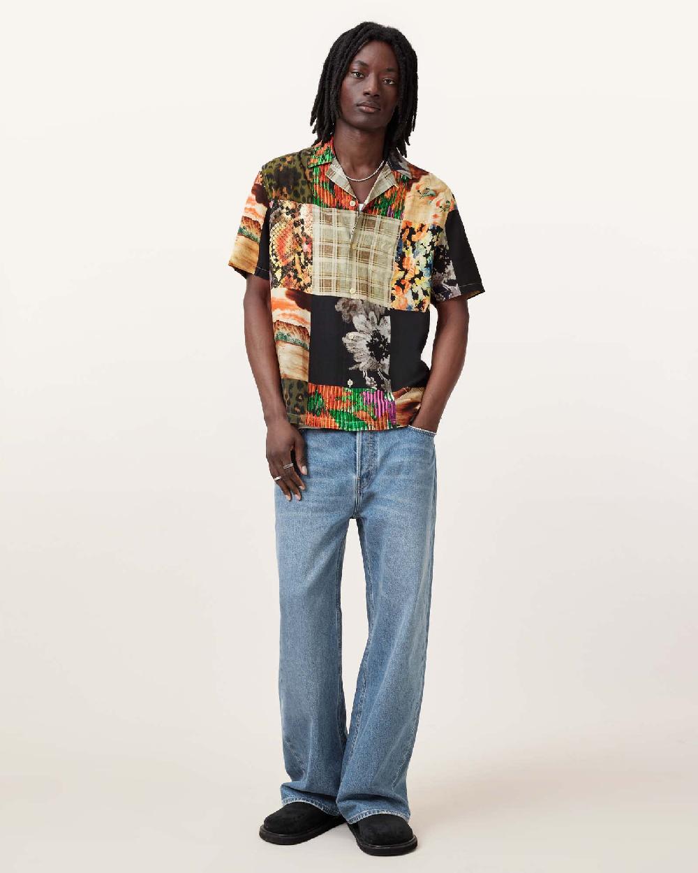 All Saints Patche Printed Relaxed Fit Shirt Cadet Black