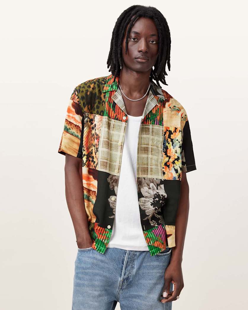 all saints Patche Printed Relaxed Fit Shirt Cadet Black