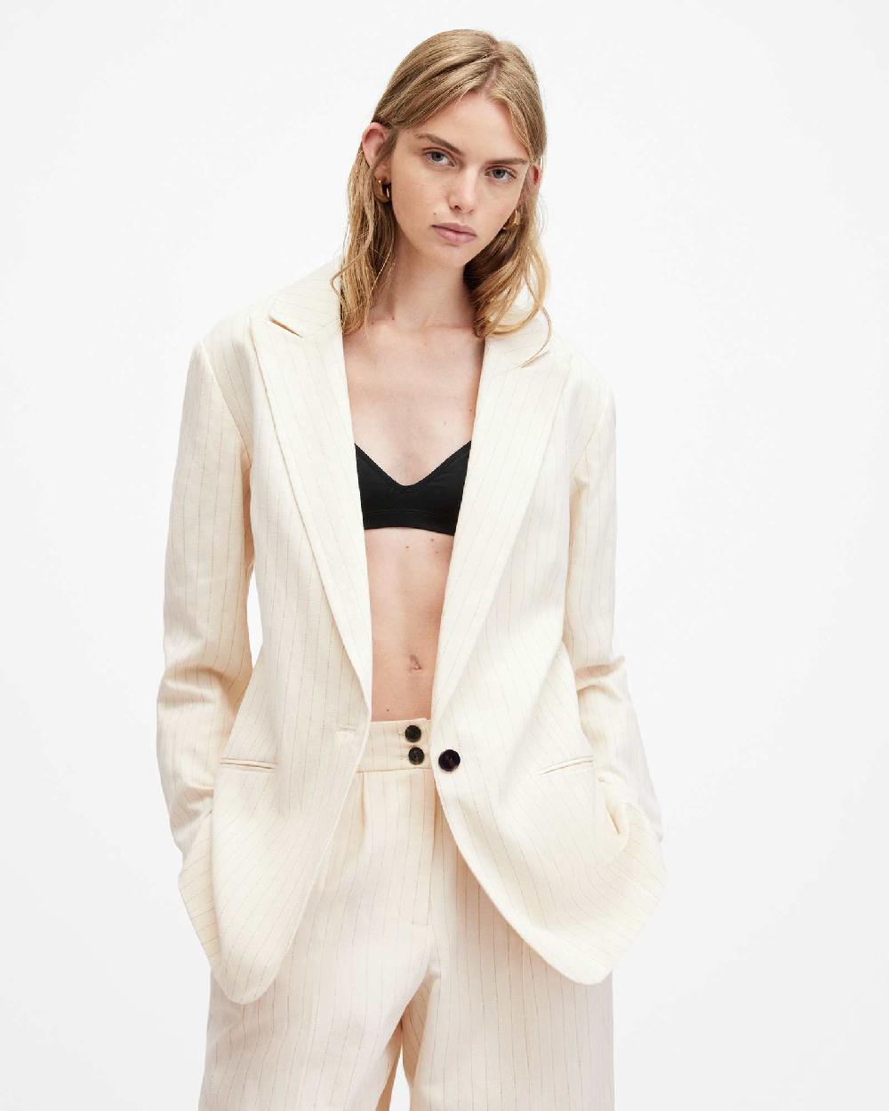 All Saints Payton Metallic Stripe Linen Blend Blazer Ivory White