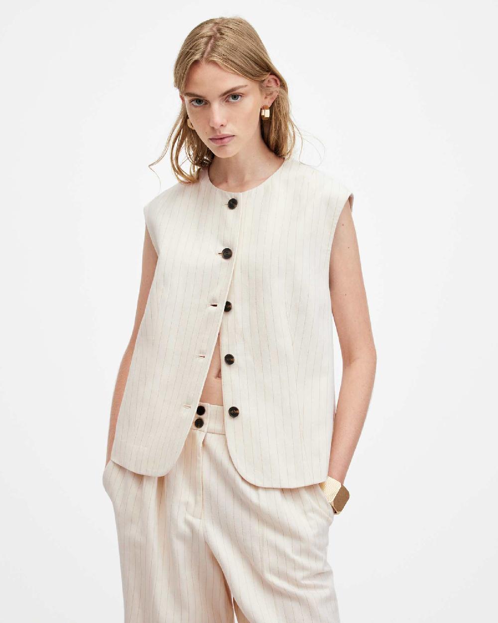 All Saints Payton Pinstripe Linen Blend Vest Ivory White